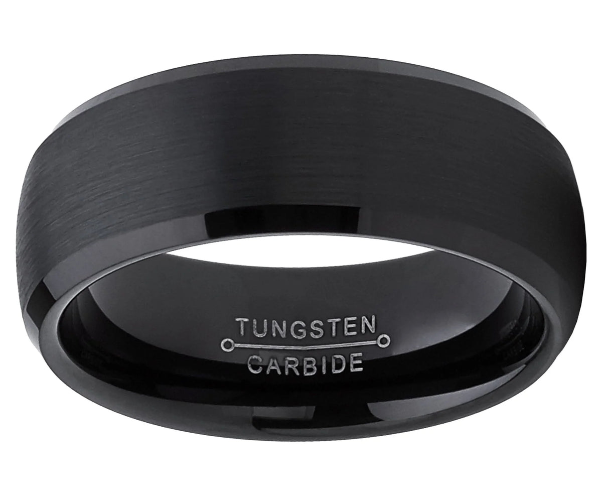 Mens Solid Black Tungsten Wedding Band Ring Dome 8Mm Comfort-Fit